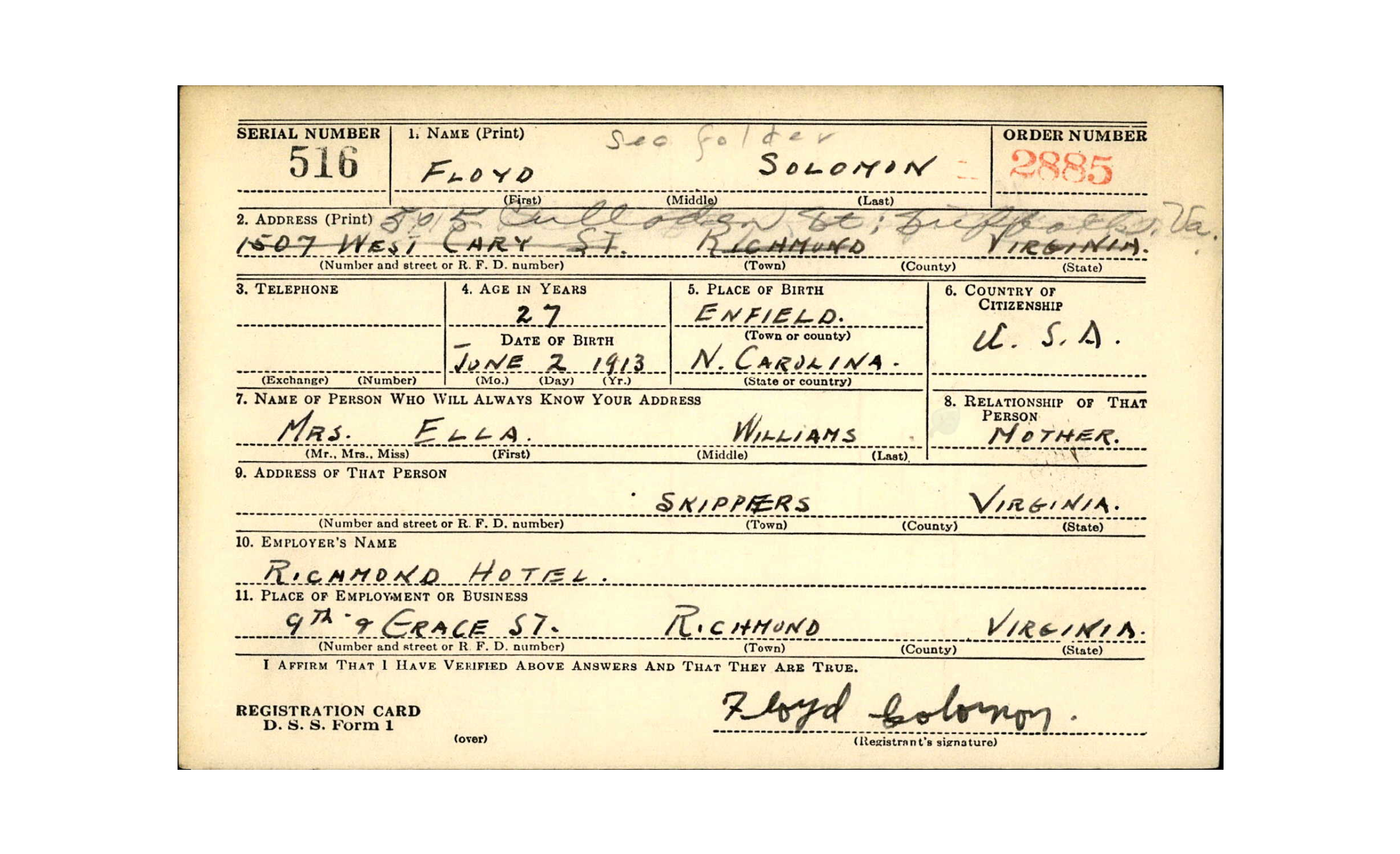 WWII FLOYD SOLOMON - REGISTRATION CARD MOTHER ELLA WILLIAMS MORE